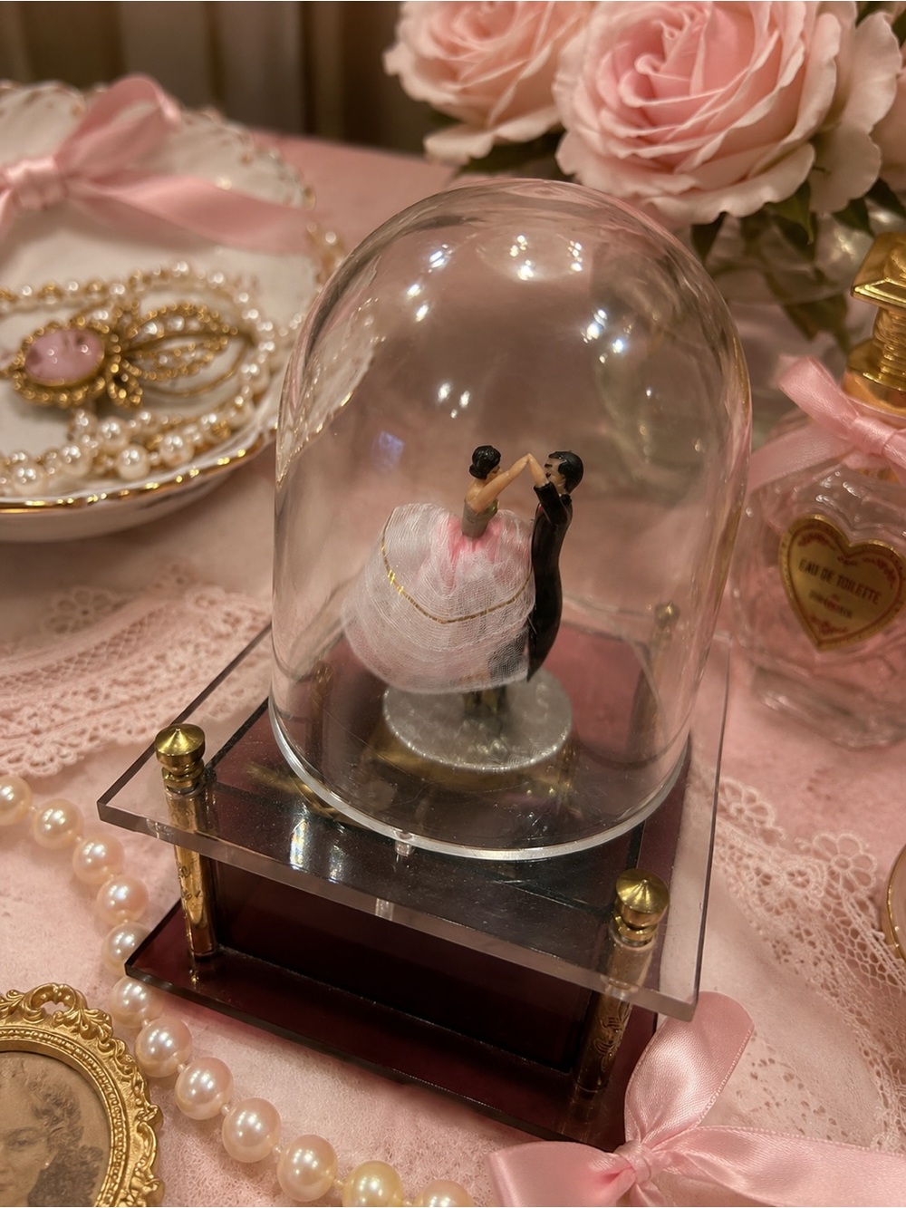 Vintage Dancing Bride & Groom Music Box Under Glass Dome